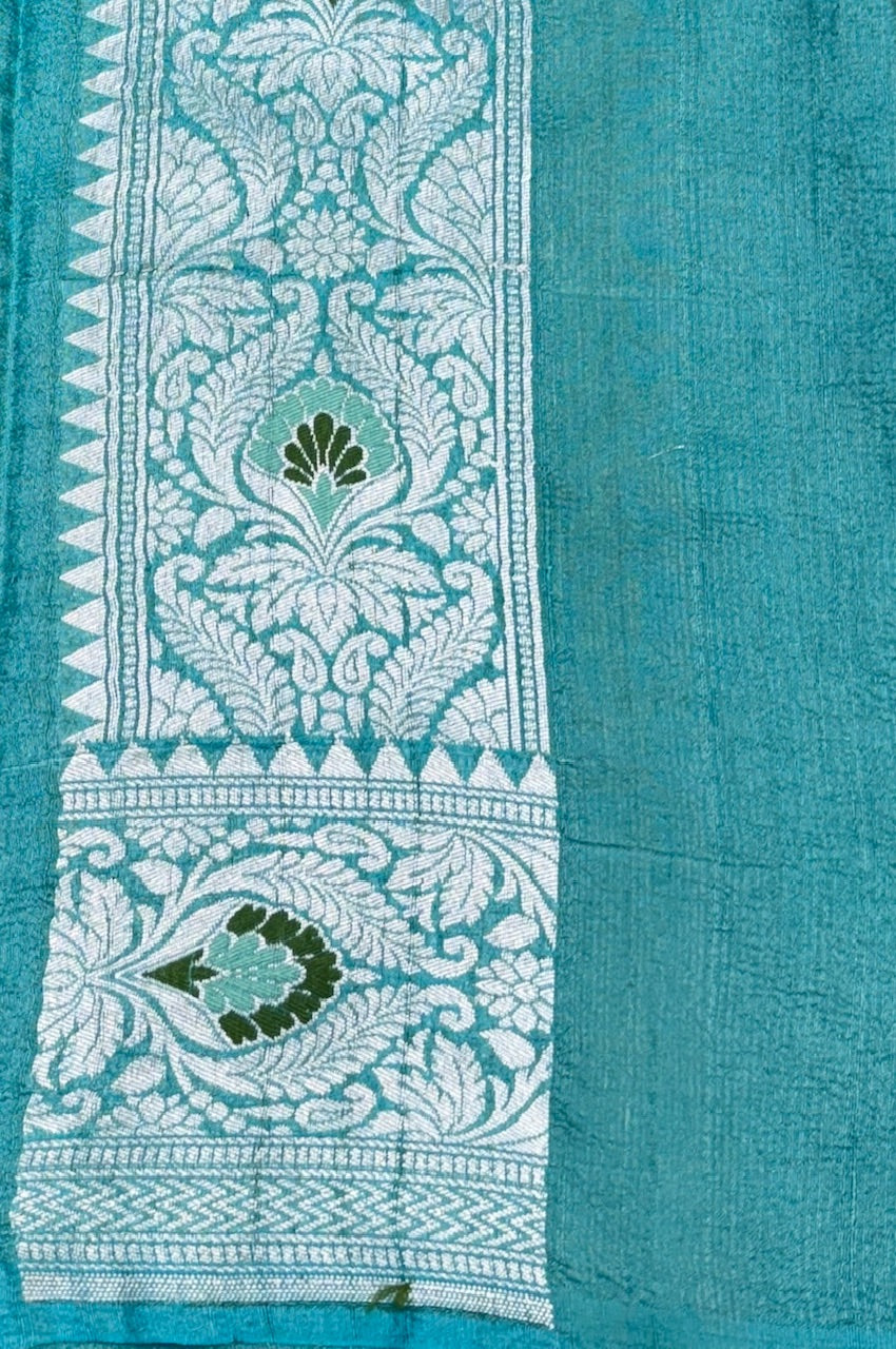 Red Pure Banarasi Tussar Handwoven Saree with Aqua Blue Border