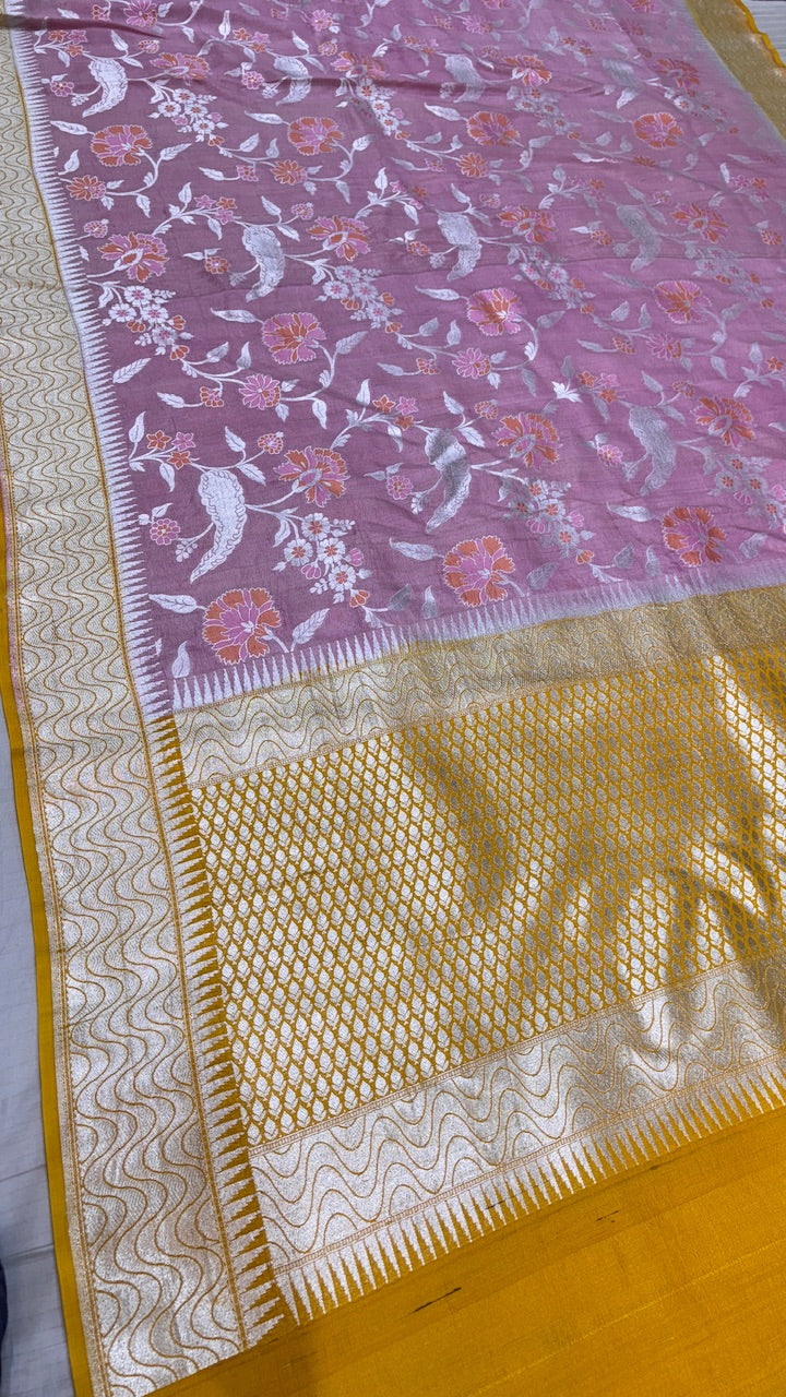 Pink Floral Pure Banarasi Tussar Handwoven Saree