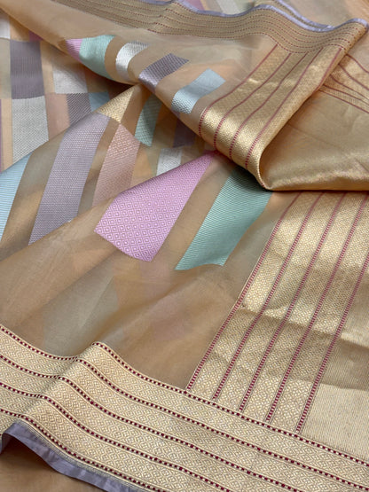 Peach Banarasi Kora Silk Handwoven Saree