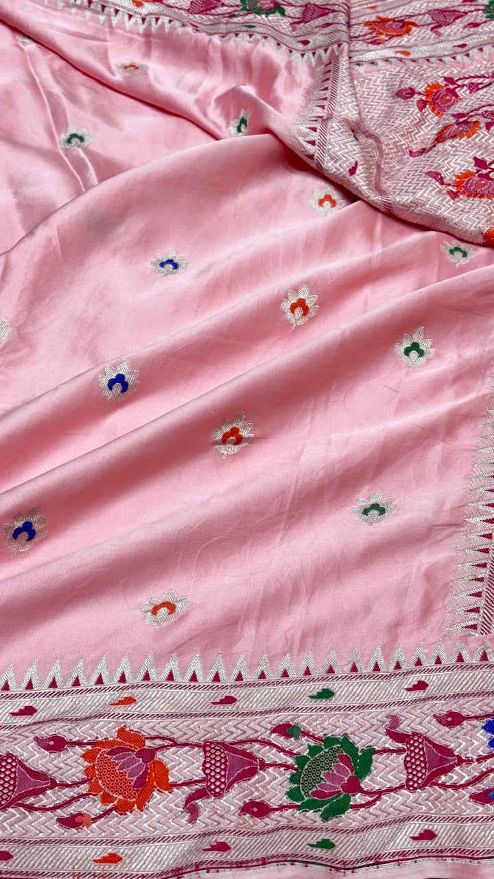 Pistal Pink Pure Banarasi Mashru Satin Silk Handwoven Saree