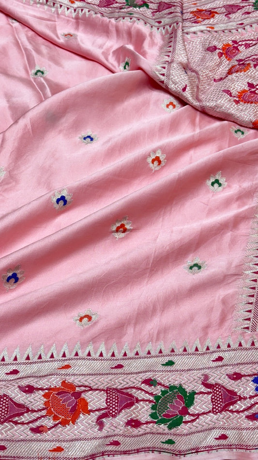 Pistal Pink Pure Banarasi Mashru Satin Silk Handwoven Saree