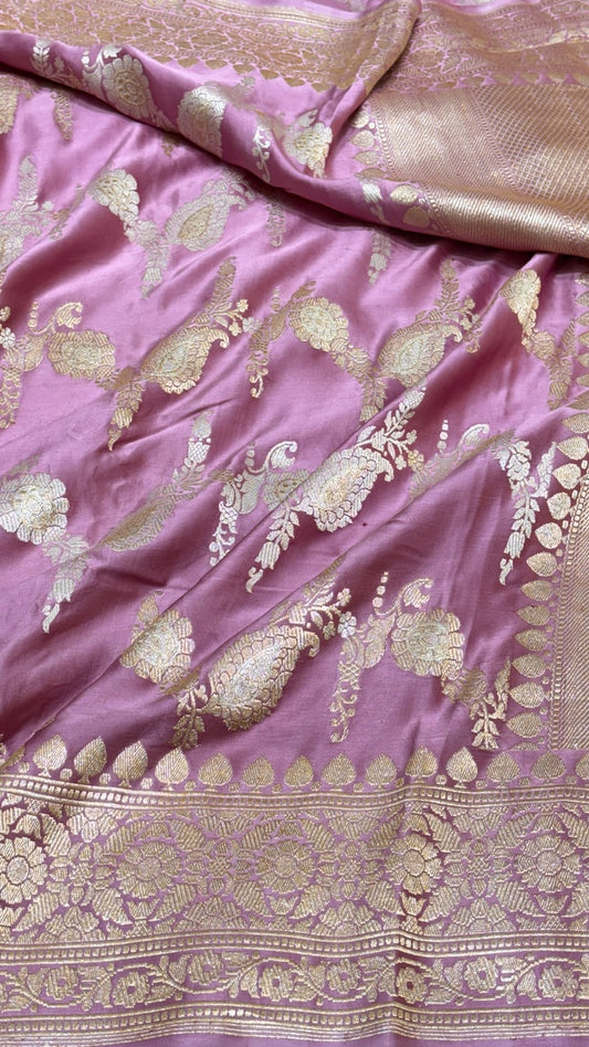 Silky Pink Pure Banarasi Mashru Satin Silk Handwoven Saree