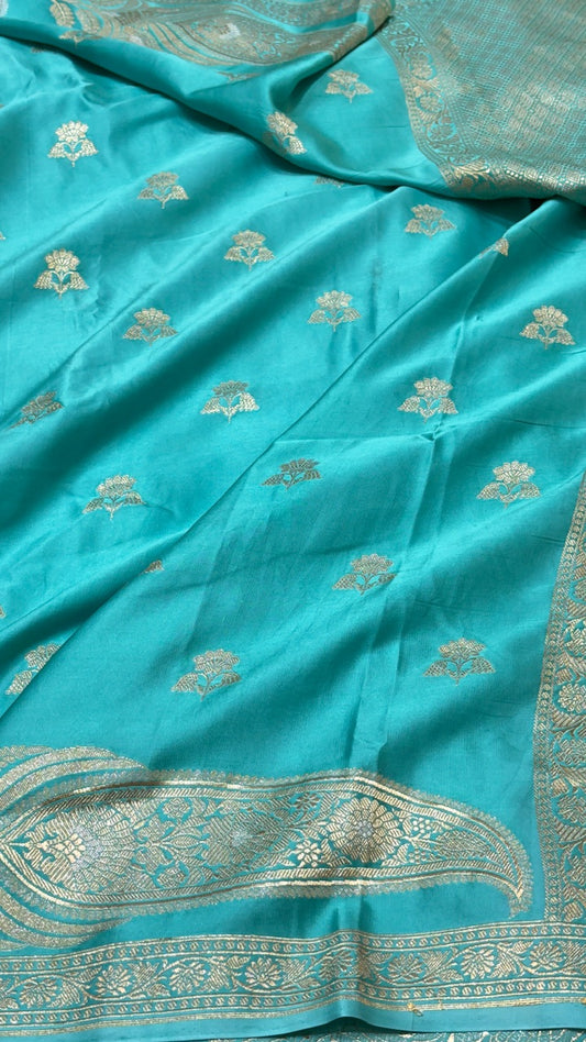 Ocean Blue Pure Banarasi Mashru Satin Silk Handwoven Saree