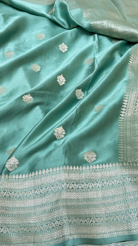 Mint Green Pure Banarasi Mashru Silk Handwoven Saree
