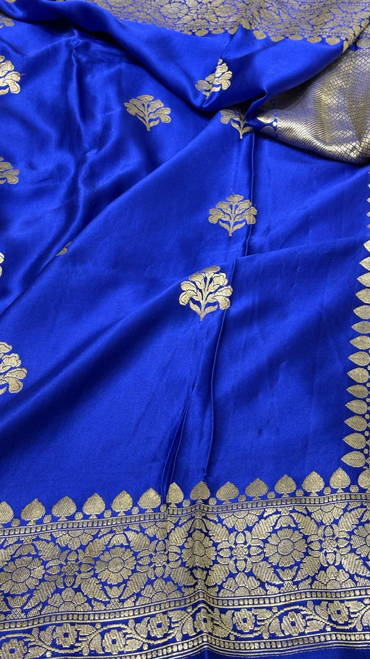 Blue Pure Banarasi Satin-Mashru Silk Handwoven Saree
