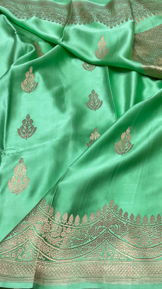 Mint Green Pure Banarasi Satin-Mashru Silk Handwoven Saree