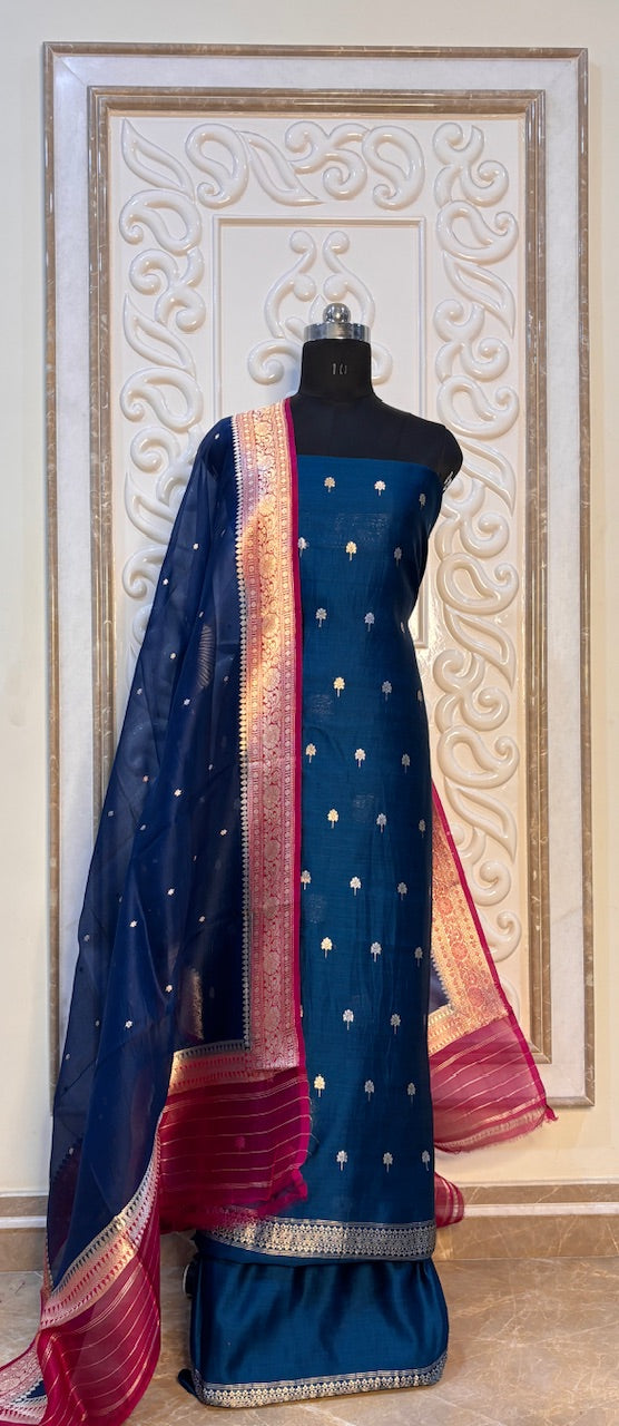 Navy Blue Raw Mango Silk Suit