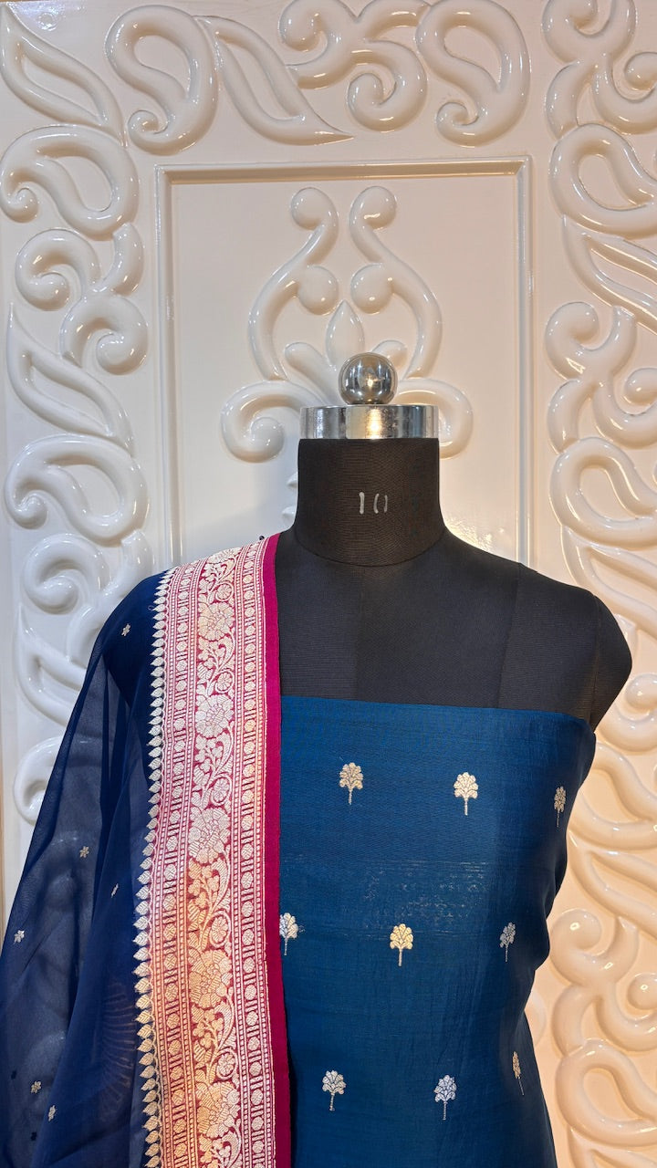 Navy Blue Raw Mango Silk Suit