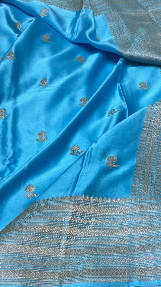 Sky Blue Pure Banarasi Satin-Mashru Silk Handwoven Saree