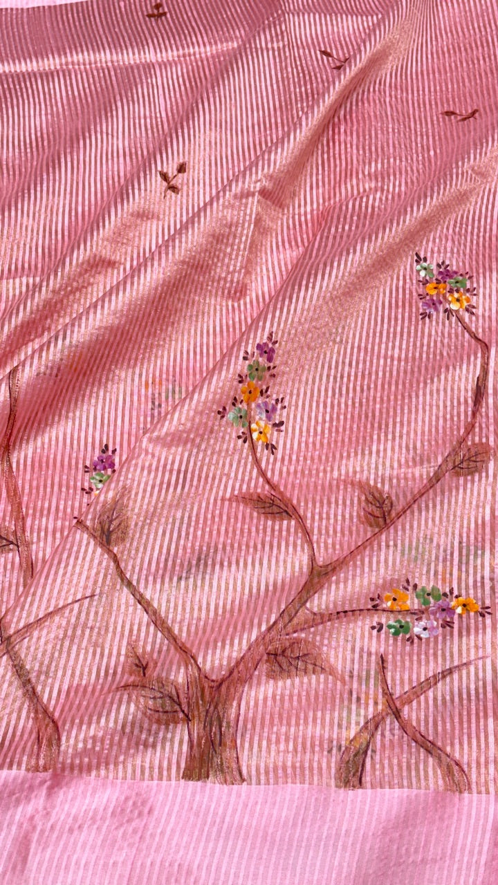 Rose Pink Pure Banarasi Tissue Handprinted Saree with Satin Border