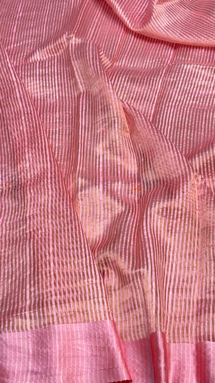 Rose Pink Pure Banarasi Tissue Handprinted Saree with Satin Border