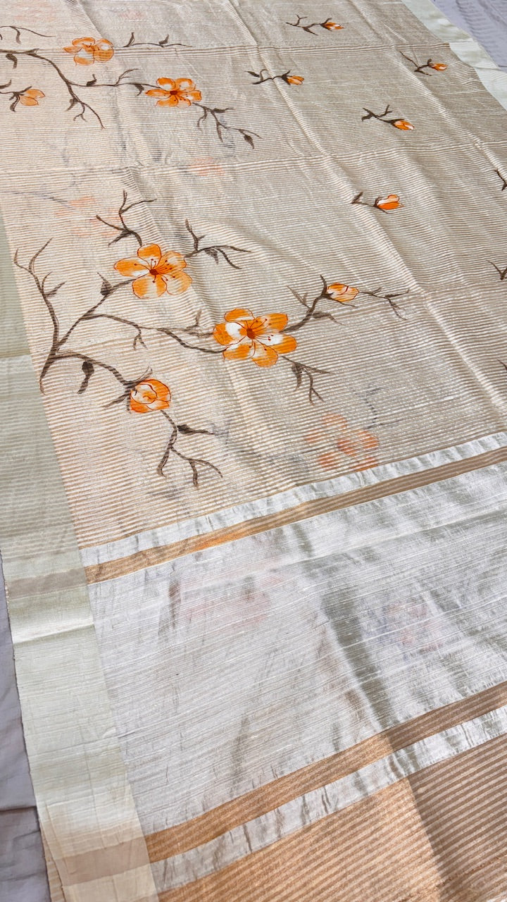 Golden Beige Striped Pattern Pure Banarasi Tissue Handprinted Saree with Satin Border