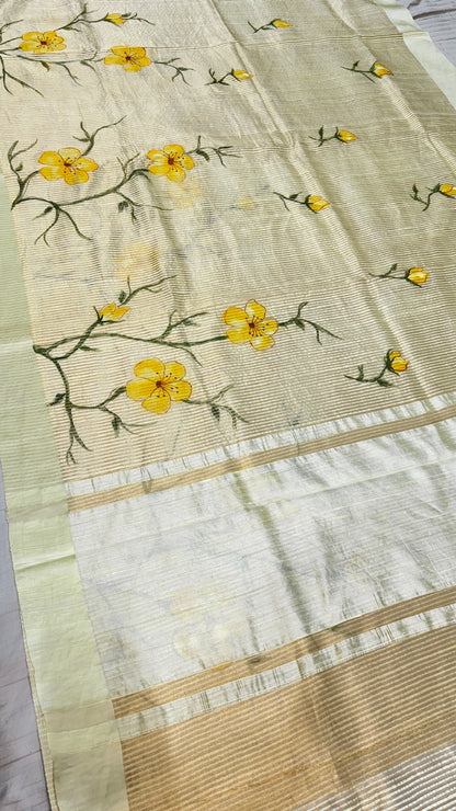 Golden Beige Striped Pattern Pure Banarasi Tissue Hand-Printed Saree with Satin Border