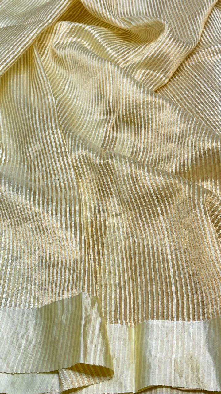 Golden Beige Striped Pattern Pure Banarasi Tissue Hand-Printed Saree with Satin Border