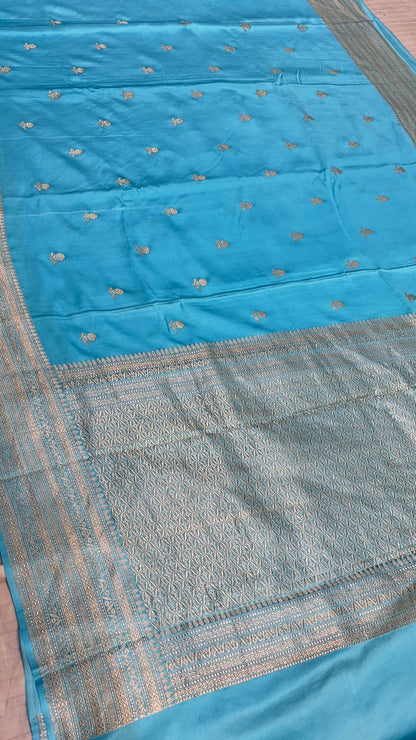 Sky Blue Pure Banarasi Satin-Mashru Silk Handwoven Saree