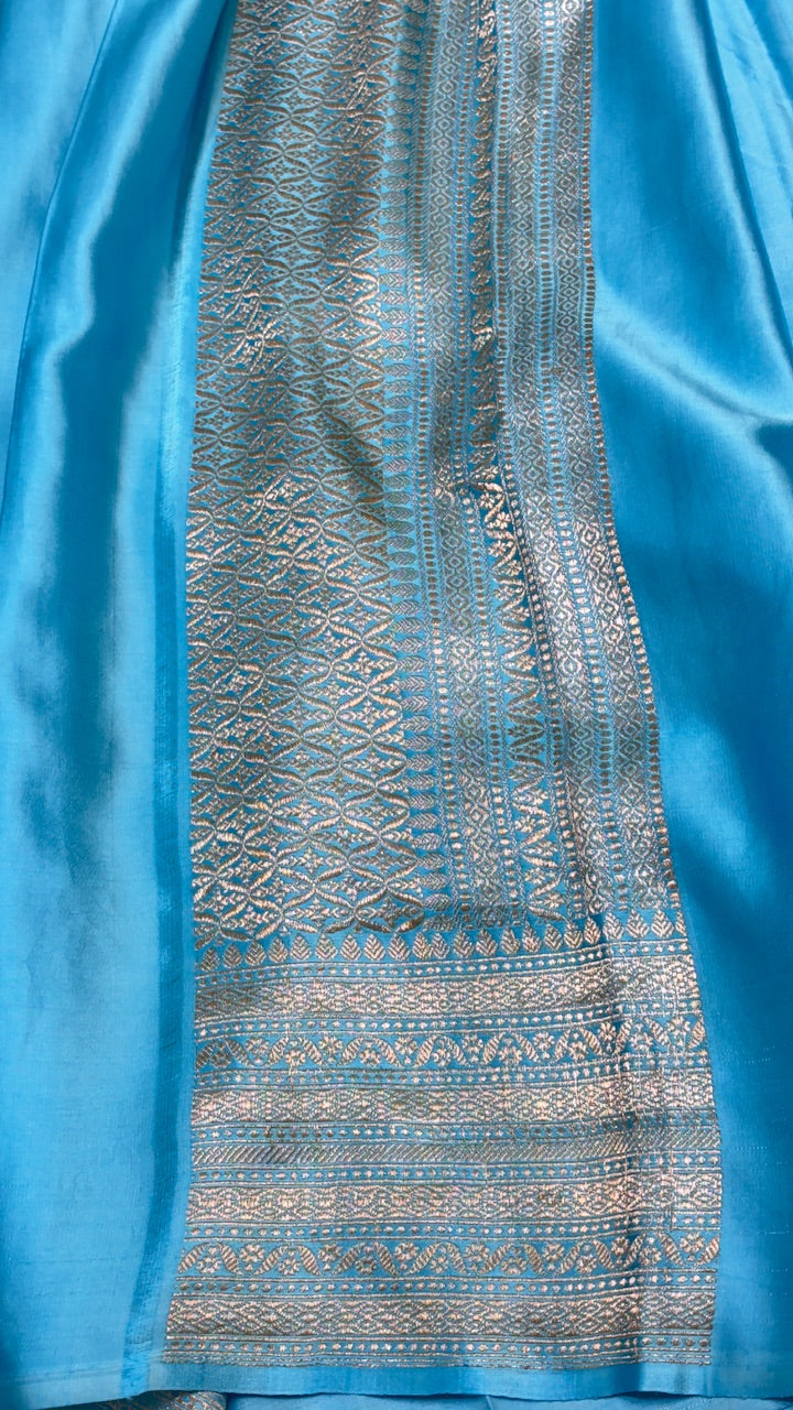 Sky Blue Pure Banarasi Satin-Mashru Silk Handwoven Saree