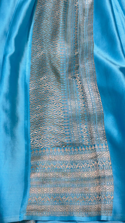 Sky Blue Pure Banarasi Satin-Mashru Silk Handwoven Saree