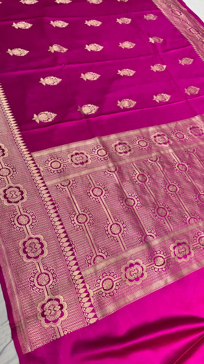 Royal Pink Pure Banarasi Satin-Mashru Silk Handwoven Saree