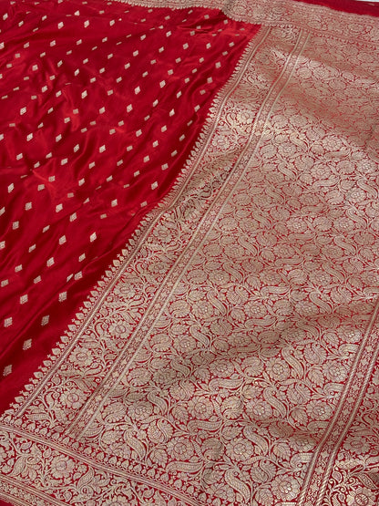 Red Banarasi Handwoven Pure Satin Silk Saree
