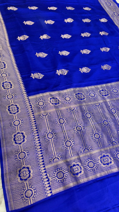 Royal Blue Pure Banarasi Satin-Mashru Silk Handwoven Saree