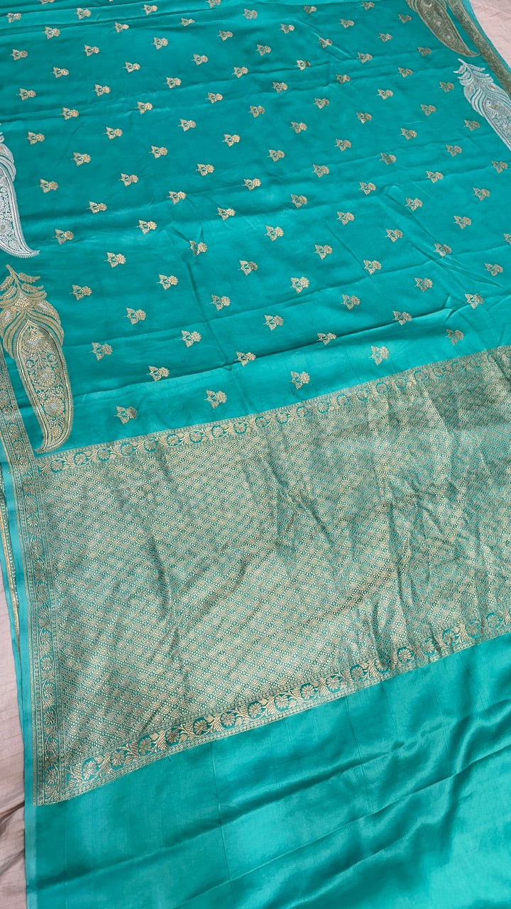Ocean Blue Pure Banarasi Mashru Satin Silk Handwoven Saree