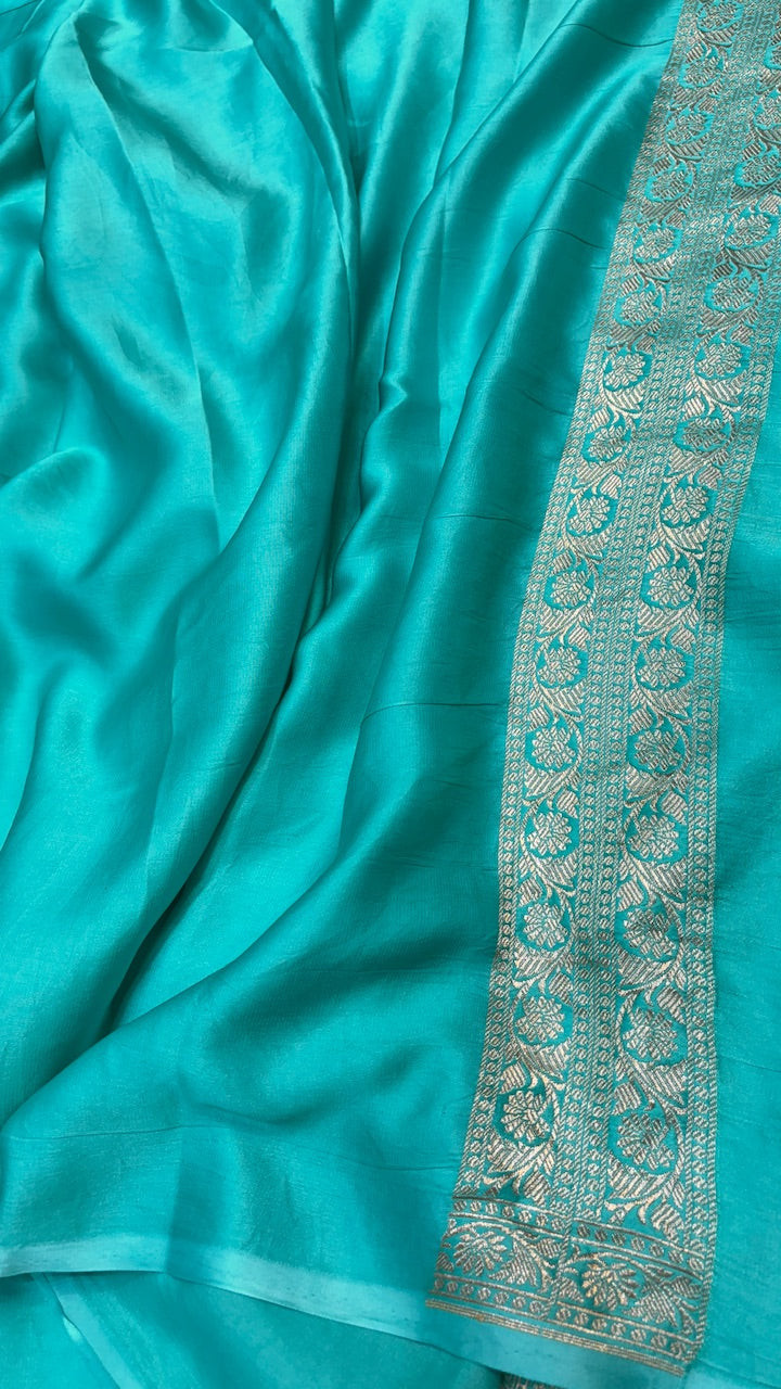 Ocean Blue Pure Banarasi Mashru Satin Silk Handwoven Saree