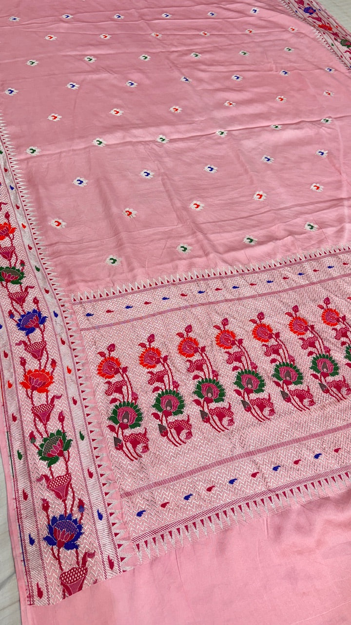 Pistal Pink Pure Banarasi Mashru Satin Silk Handwoven Saree