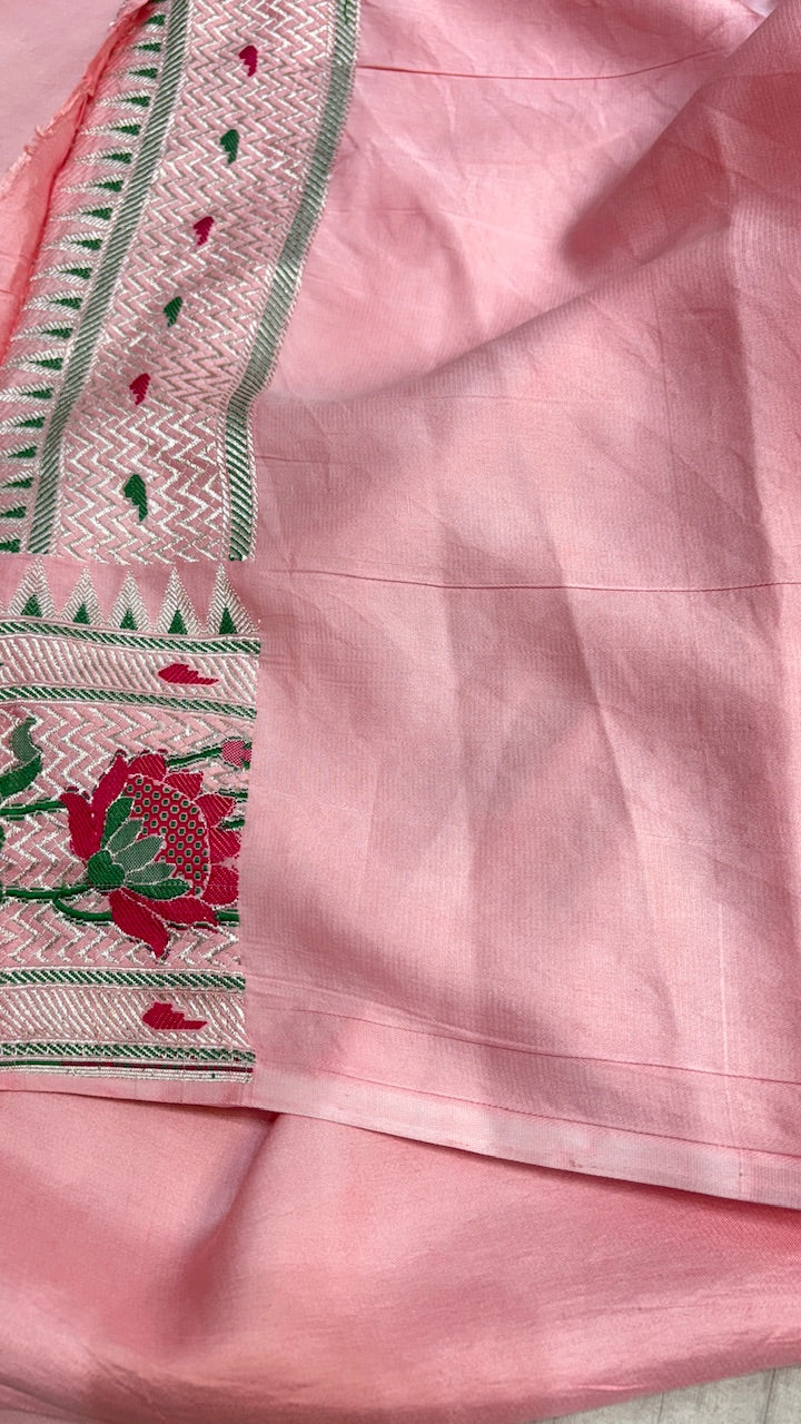 Pistal Pink Pure Banarasi Mashru Satin Silk Handwoven Saree