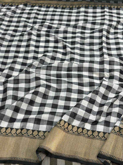 Black and White Checks Checks Banarasi Handwoven Pure Cotton Silk Saree