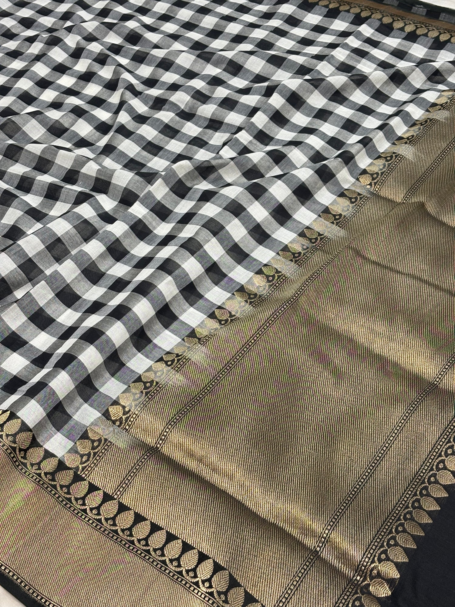 Black and White Checks Checks Banarasi Handwoven Pure Cotton Silk Saree