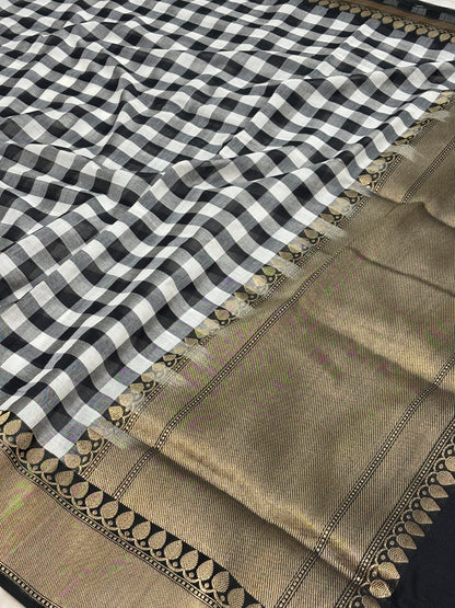 Black and White Checks Checks Banarasi Handwoven Pure Cotton Silk Saree