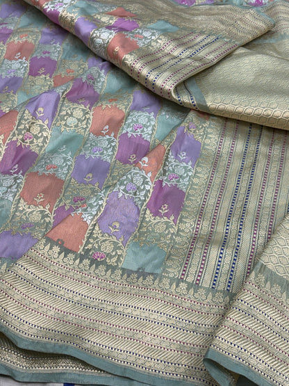 Teal Blue Handwoven Multicolor Rangkaat Banarasi Katan Silk Saree