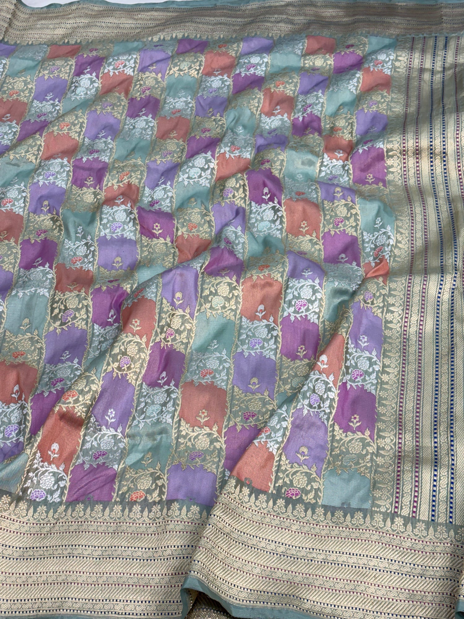 Teal Blue Handwoven Multicolor Rangkaat Banarasi Katan Silk Saree