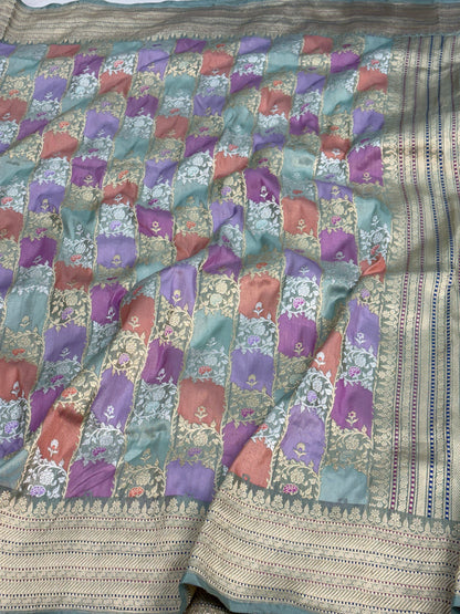 Teal Blue Handwoven Multicolor Rangkaat Banarasi Katan Silk Saree
