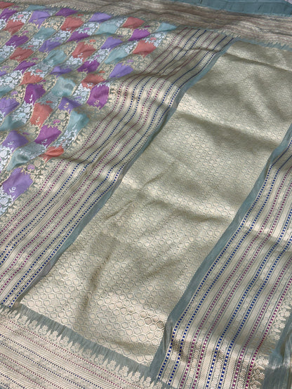 Teal Blue Handwoven Multicolor Rangkaat Banarasi Katan Silk Saree