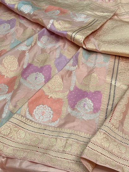 Baby Pink Handwoven Banarasi Pure Katan Silk Necklace Rangkaat Saree