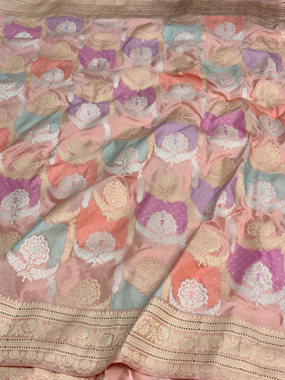 Baby Pink Handwoven Banarasi Pure Katan Silk Necklace Rangkaat Saree