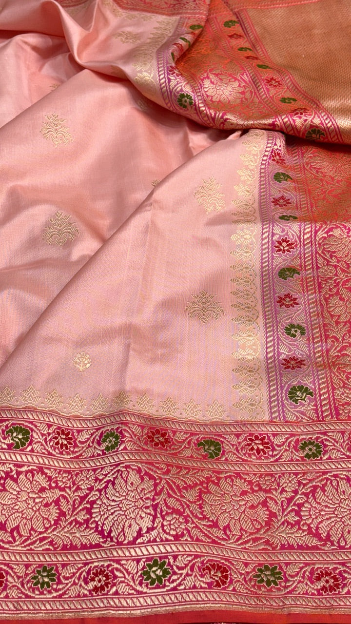 Pastel Peach Pure Banarasi Ektara  Silk Handwoven Saree