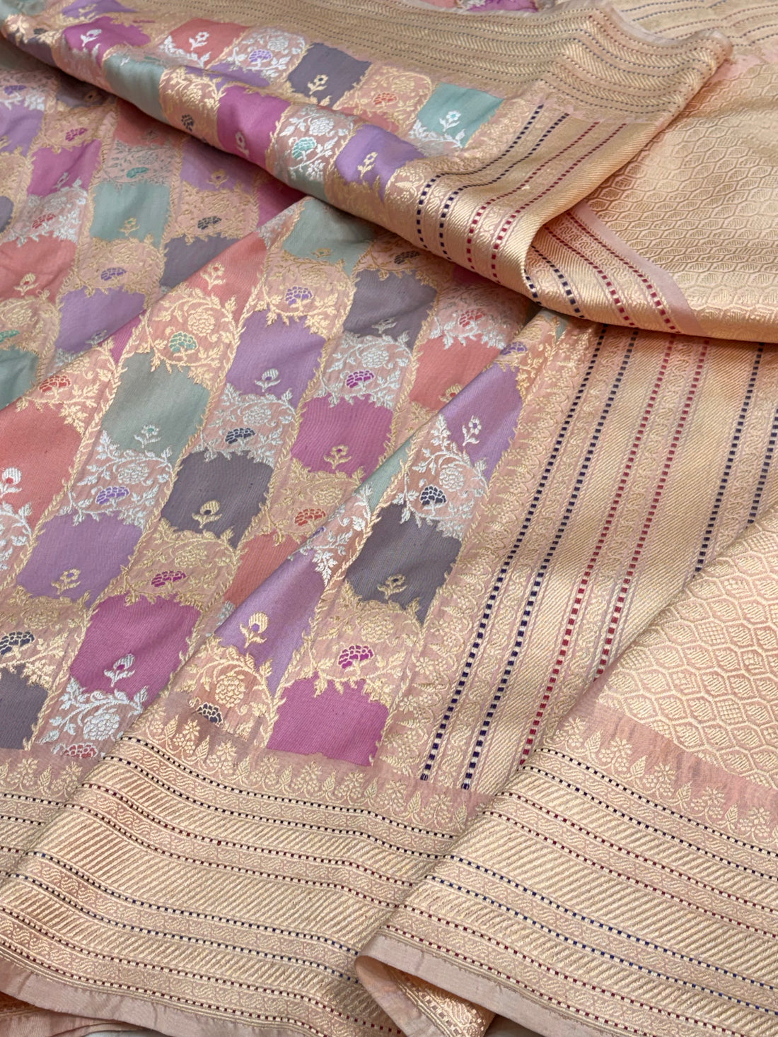 Pastel Multicolor Handwoven Banarasi Pastel Pure Katan Silk Rangkaat Saree
