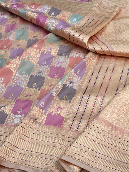 Pastel Multicolor Handwoven Banarasi Pastel Pure Katan Silk Rangkaat Saree