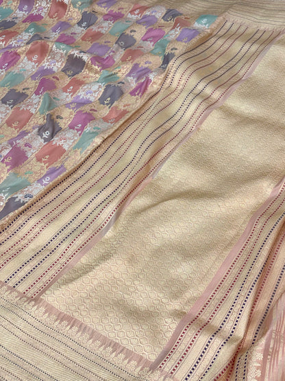 Pastel Multicolor Handwoven Banarasi Pastel Pure Katan Silk Rangkaat Saree