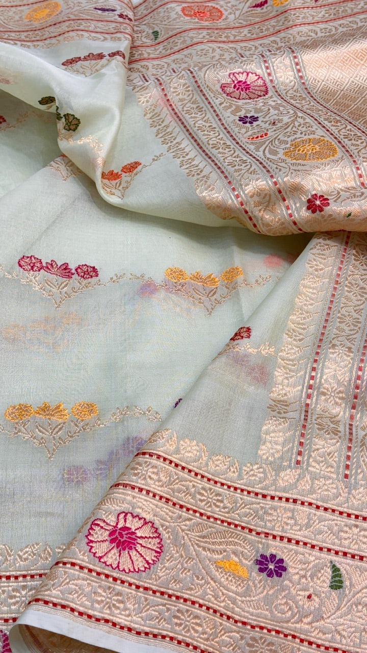 Sea Green Pure Banarasi Kora Handwoven Saree with Kadhwa Jaal Work