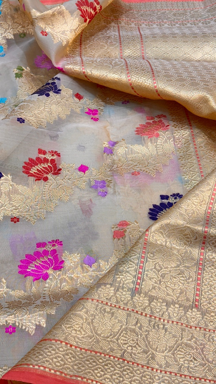 Light Pastel Pure Banarasi Handwoven Kora Saree