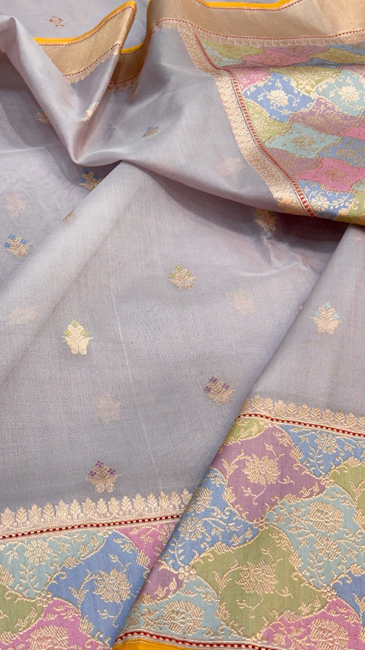 Grey Pure Banarasi Kora Silk Saree with Rangkart Border