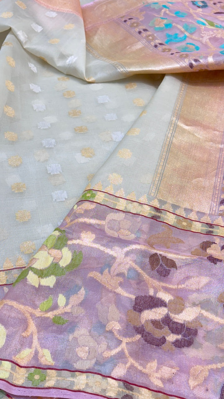 Grey Pure Handwoven Banarasi Kora Saree with Minakari Border