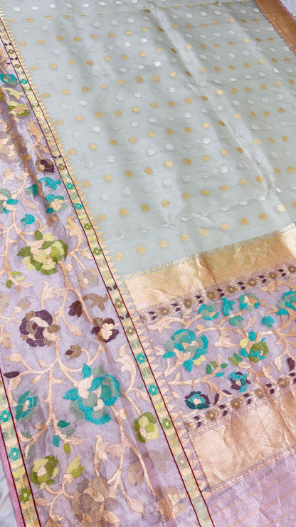 Grey Pure Handwoven Banarasi Kora Saree with Minakari Border