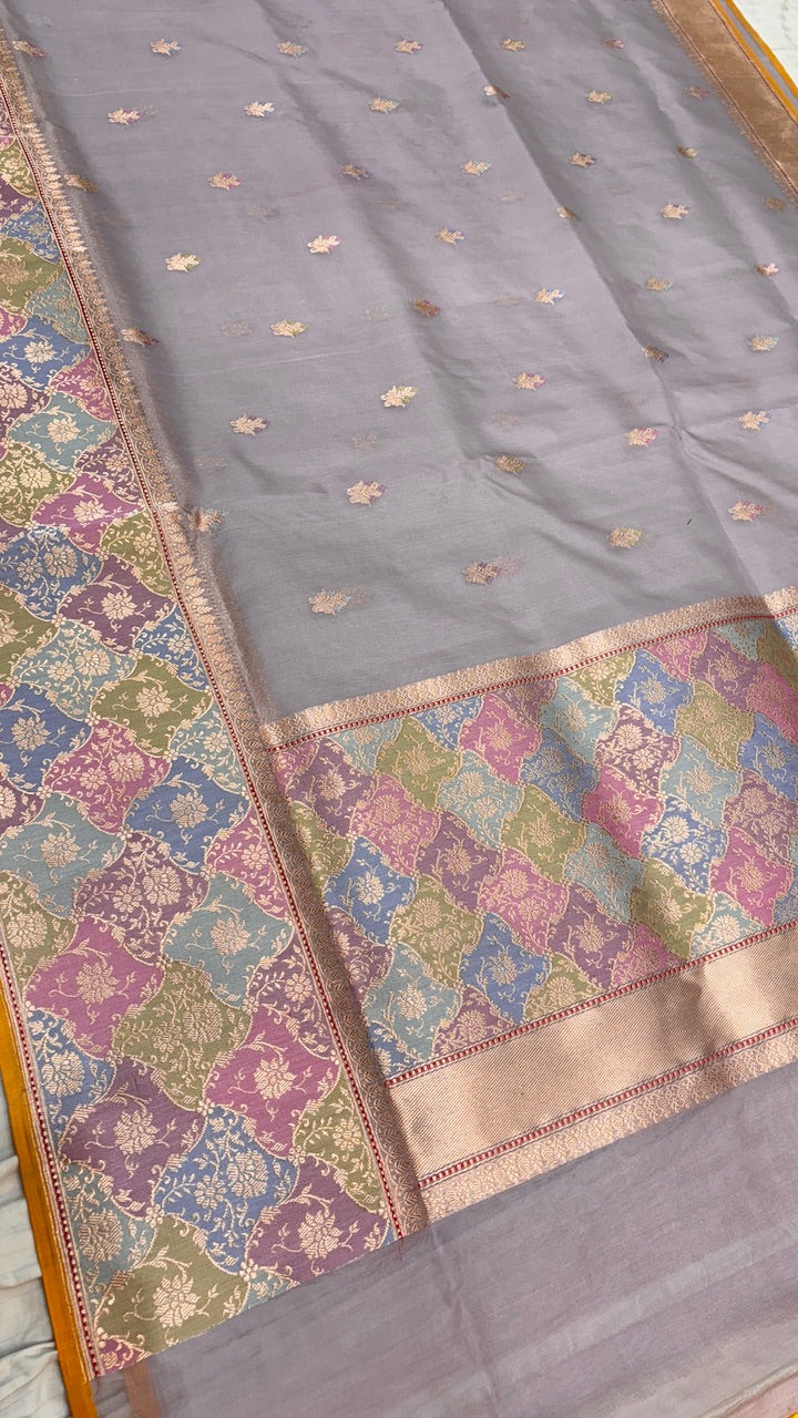Grey Pure Banarasi Kora Silk Saree with Rangkart Border