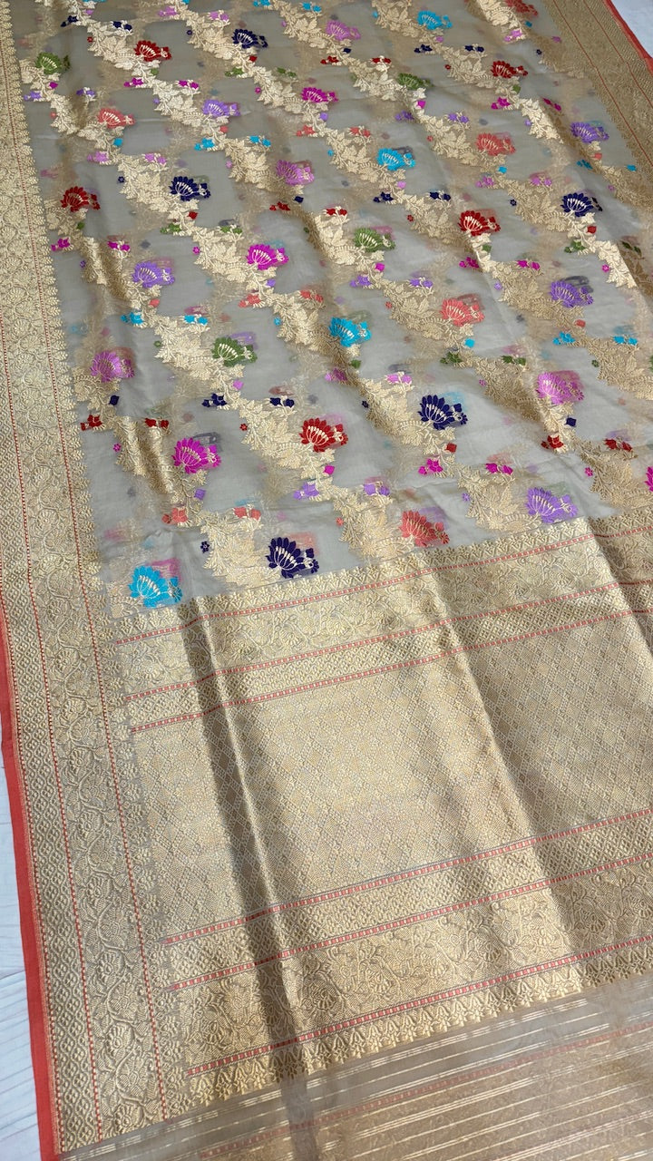 Light Pastel Pure Banarasi Handwoven Kora Saree