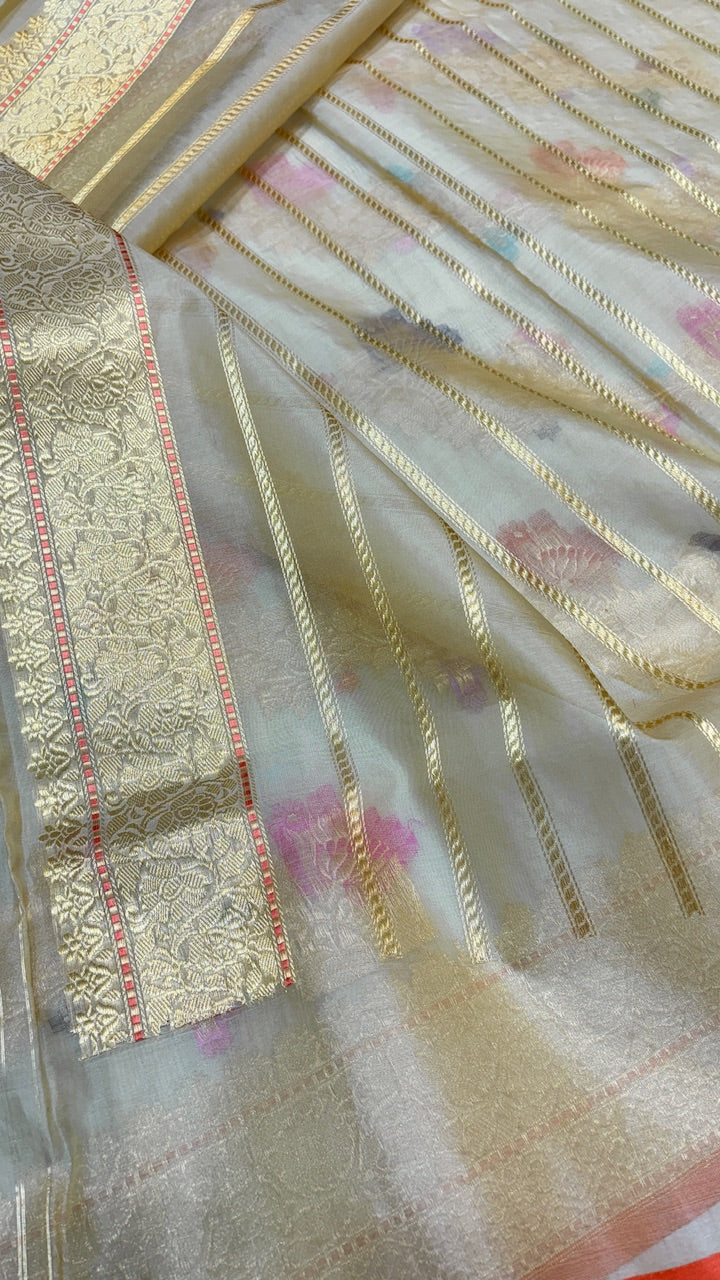 Light Pastel Pure Banarasi Handwoven Kora Saree