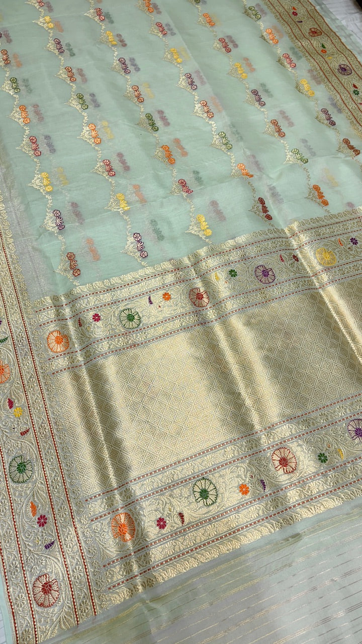 Sea Green Pure Banarasi Kora Handwoven Saree with Kadhwa Jaal Work